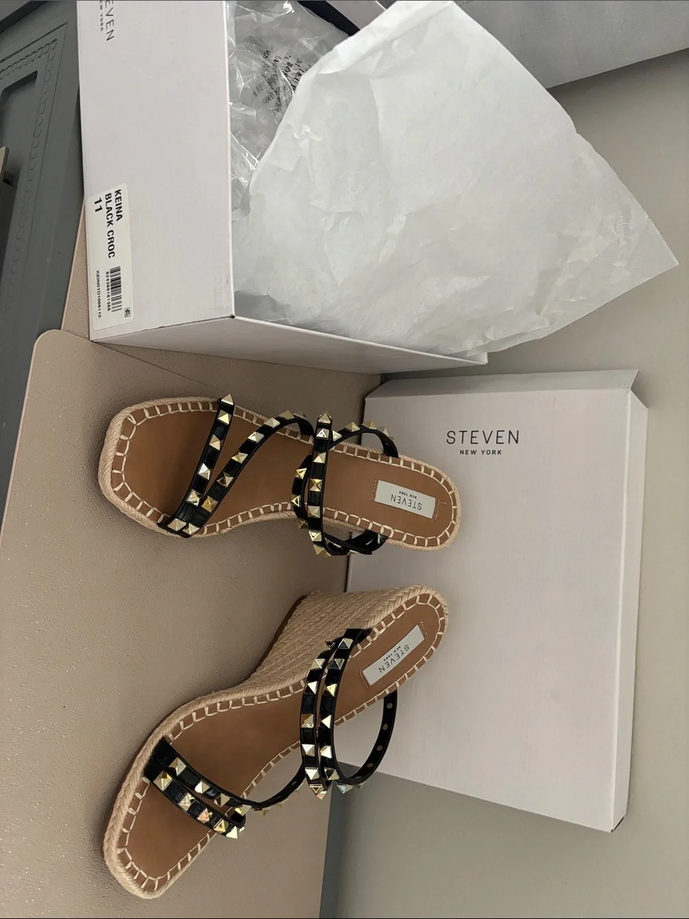 Steven By Steve Madden Black Studded Espadrille Wedge Sandals